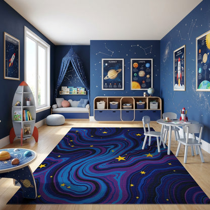 Swirling Yellow Stars Deep Blue Rug 2