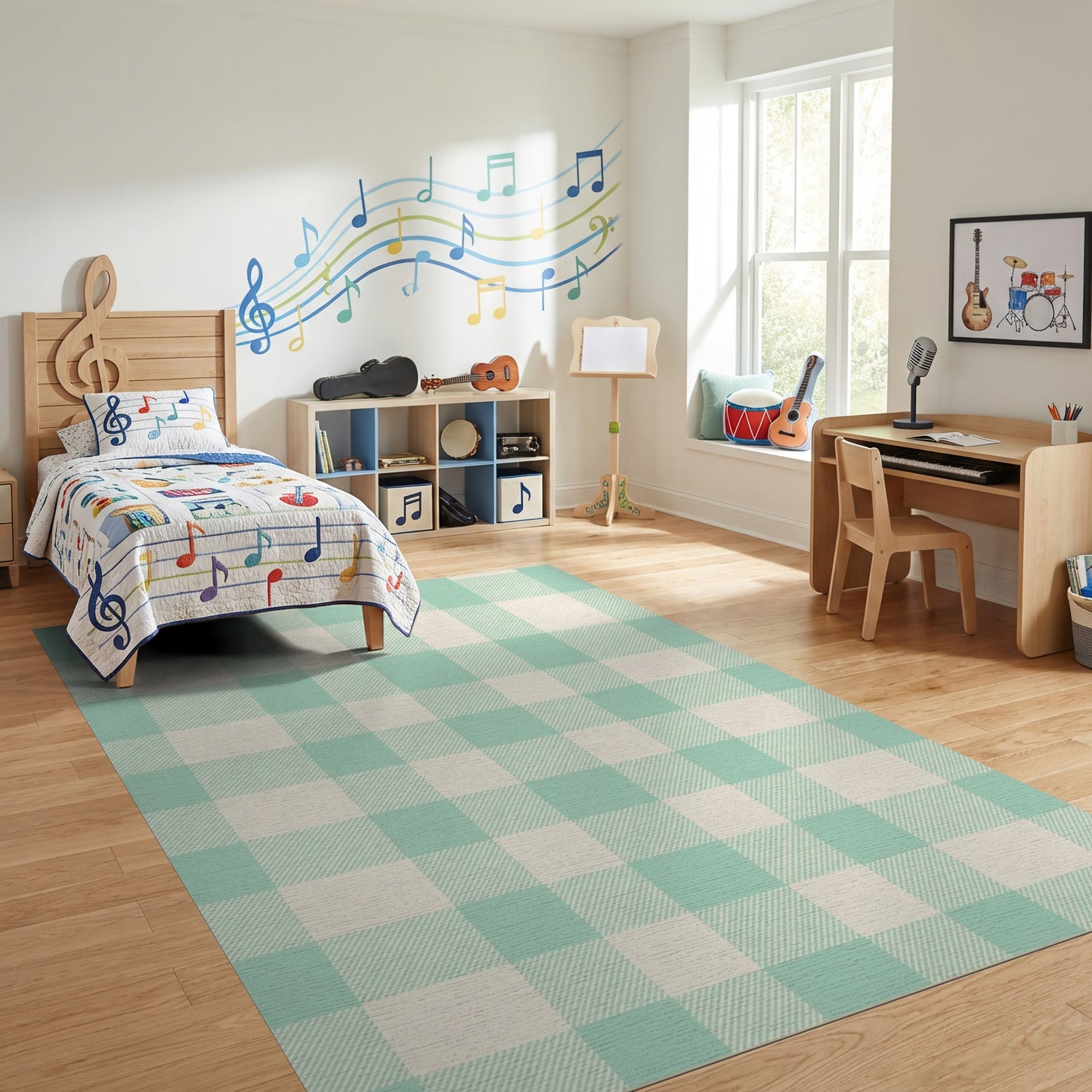 Light Green Cream Gingham Check Rug