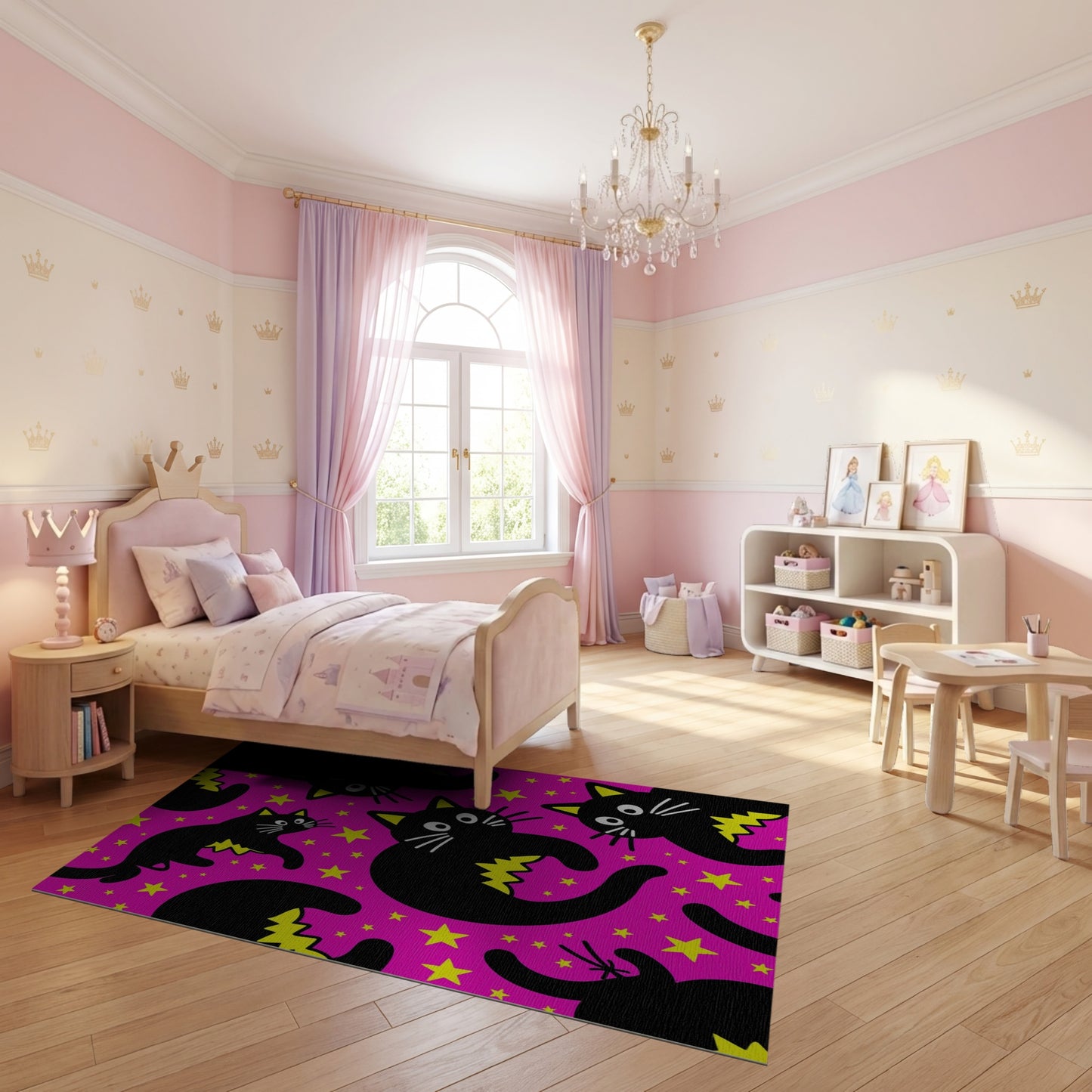 Whimsical Black Cats Stars Lightning Pink Rug