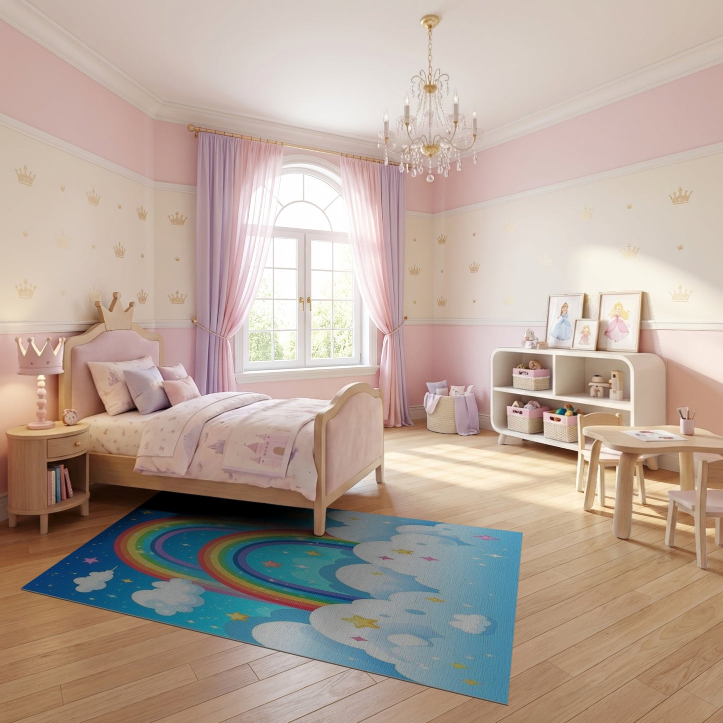 Whimsical Double Rainbow Stars Clouds Rug