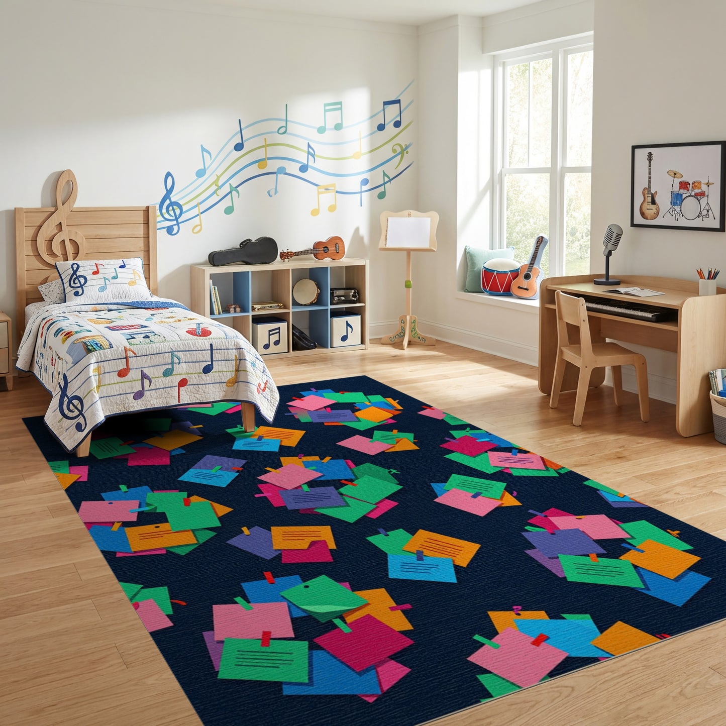 Whimsical Multicolor Sticky Notes Navy Rug
