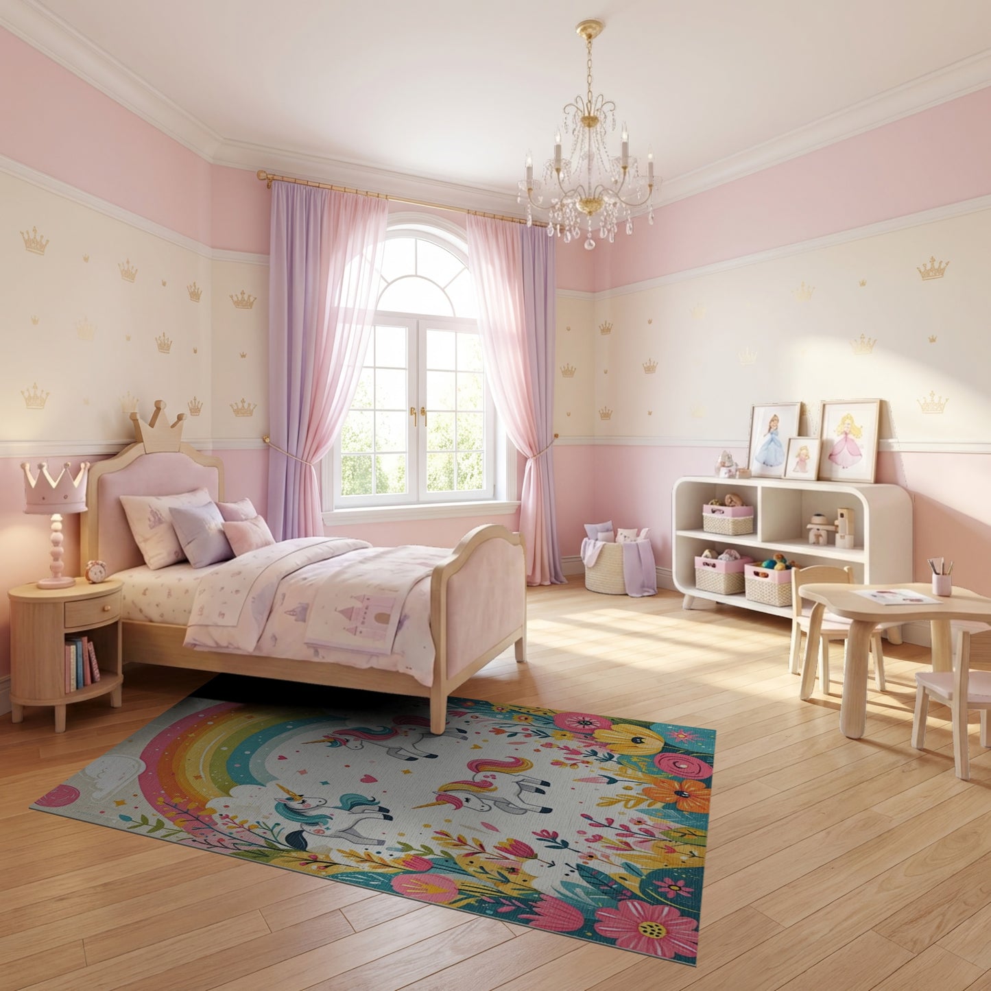 Whimsical Rainbow Unicorns Floral Rug