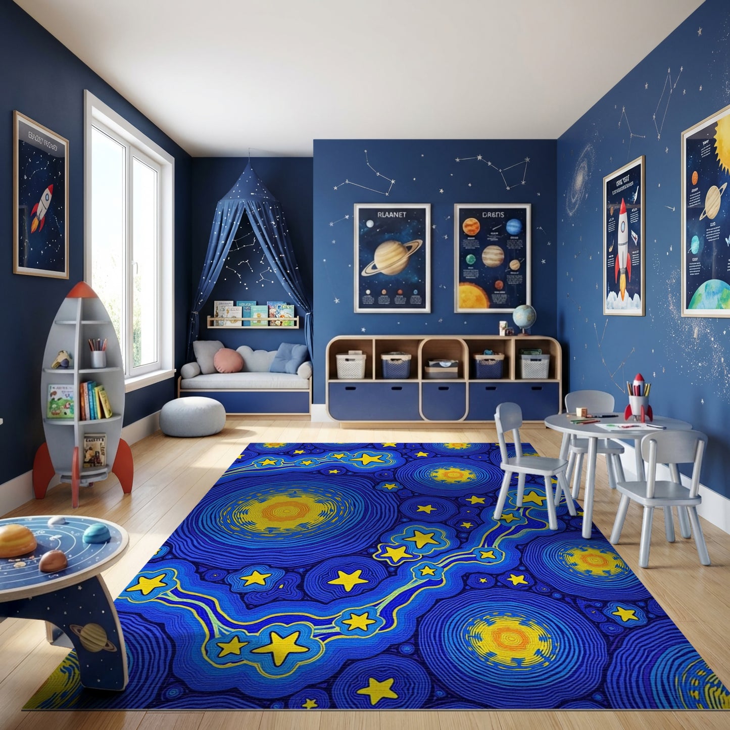 Navy Blue Swirling Yellow Stars Circles Rug
