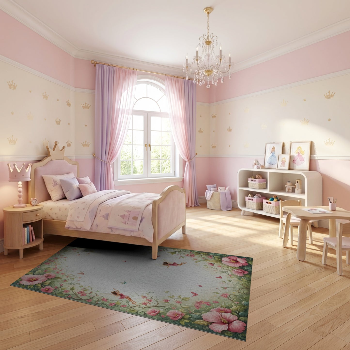 Whimsical Pink Fairy Butterflies Floral Rug