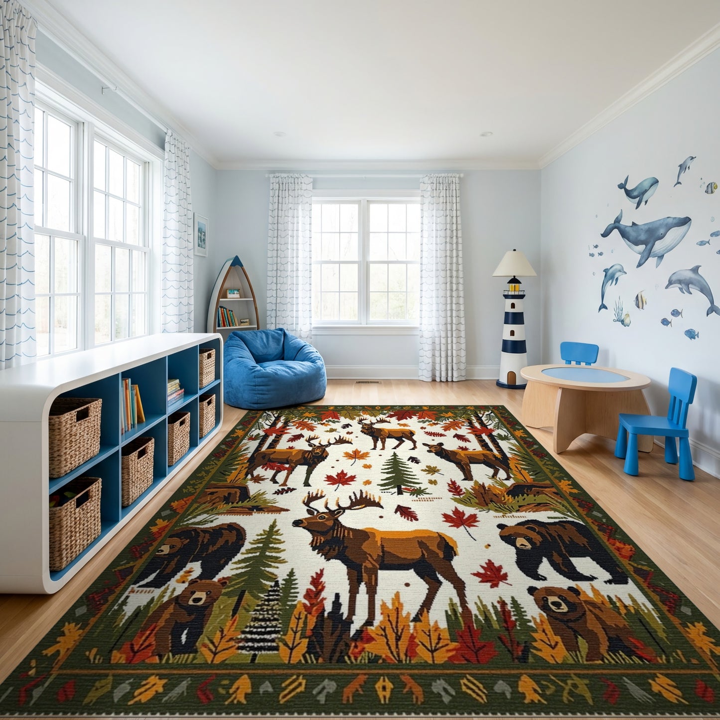 Rustic Autumn Elk Bear Forest Rug