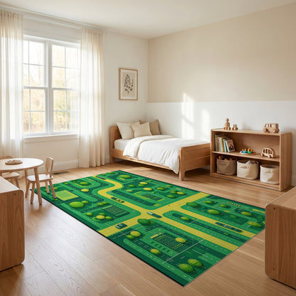 Vibrant Green City Roads Trees Rug