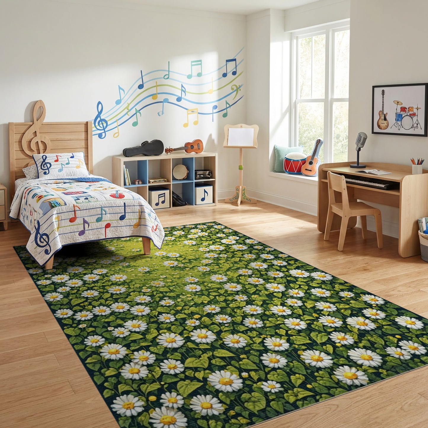 Vibrant White Daisy Meadow Rug