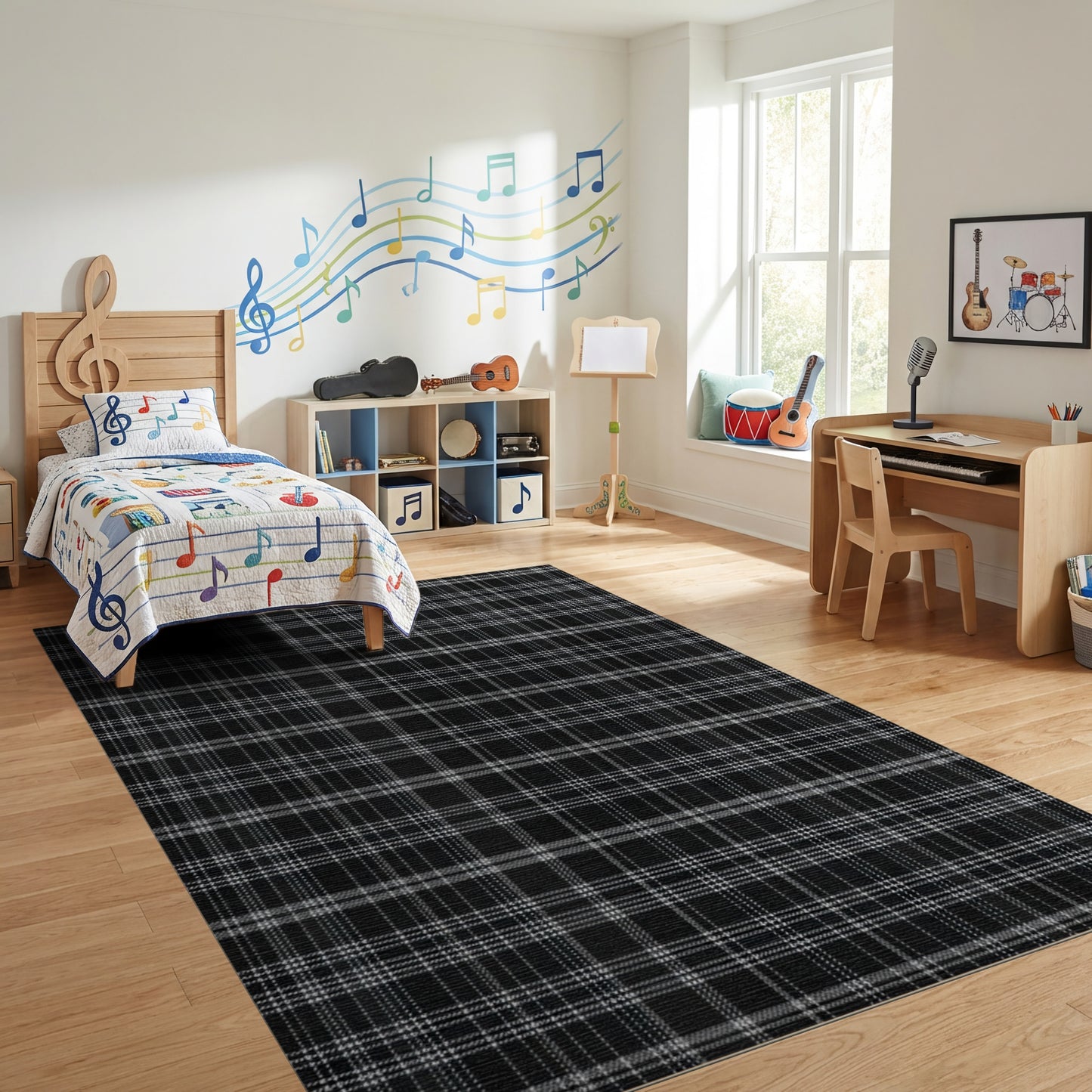 Black and White Checkered Grid Rug