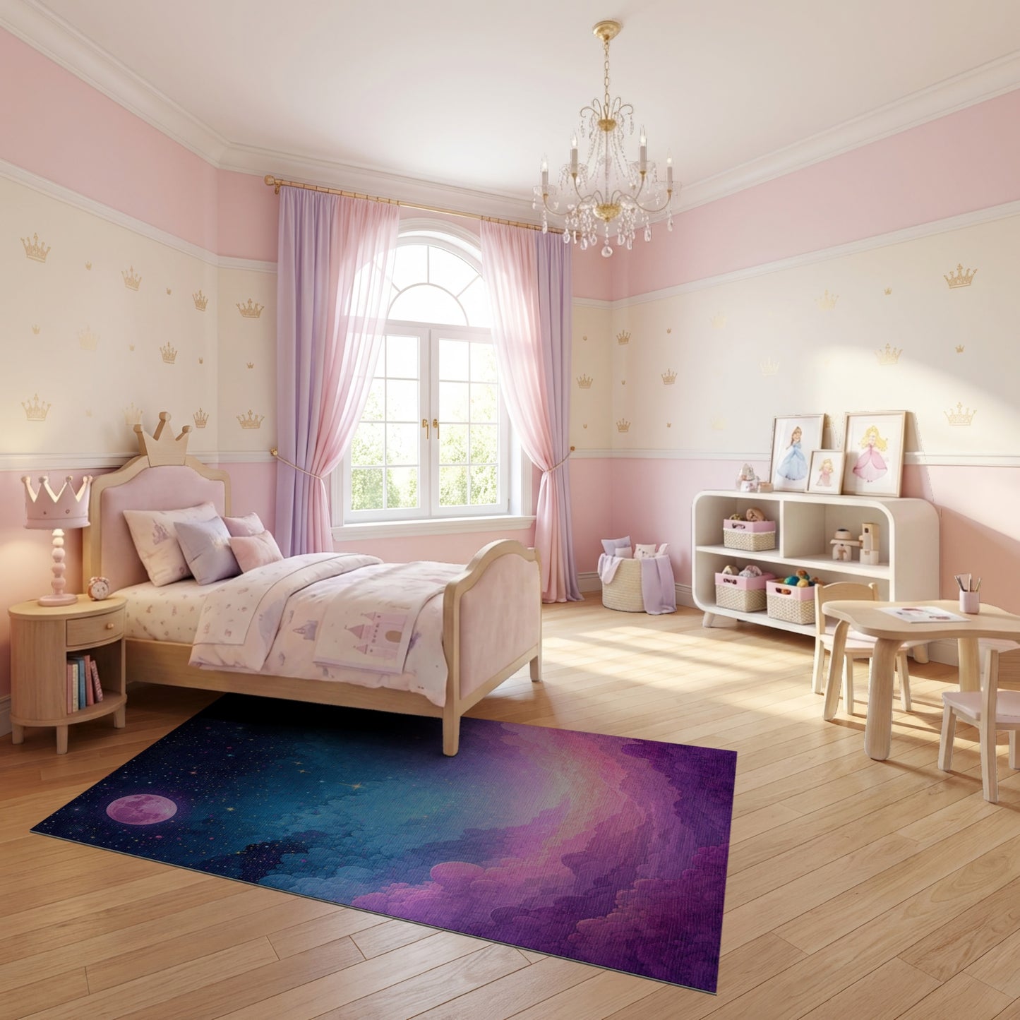 Dreamy Pink Moon Starry Clouds Rug