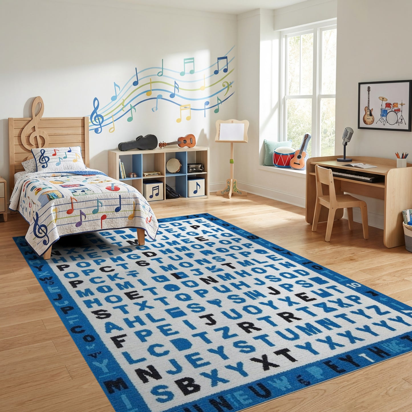 Playful Blue Alphabet Grid Rug