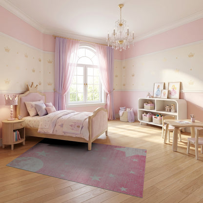Whimsical Pink Moon Stars Rug