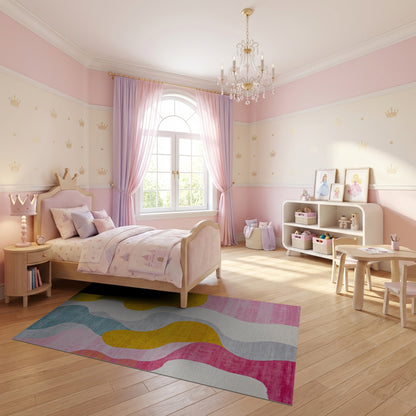 Vibrant Teal Pink Yellow Wavy Rug