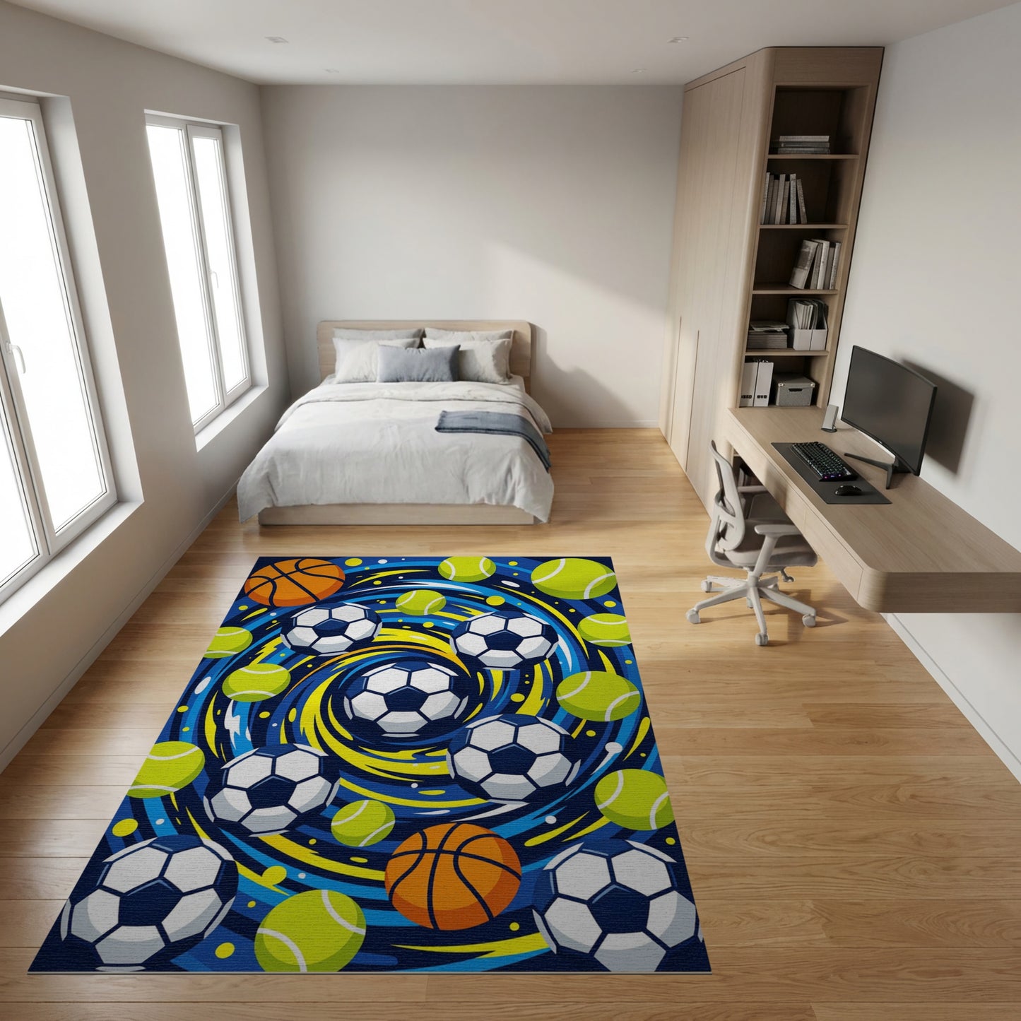 Vibrant Swirling Basketball Soccer Tennis Rug