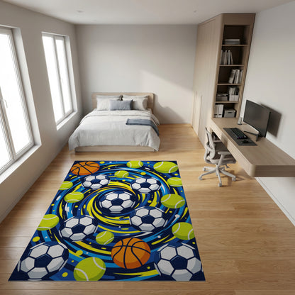 Vibrant Swirling Basketball Soccer Tennis Rug