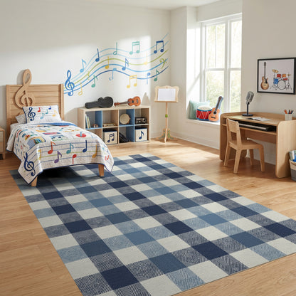 Navy Blue White Plaid Rug