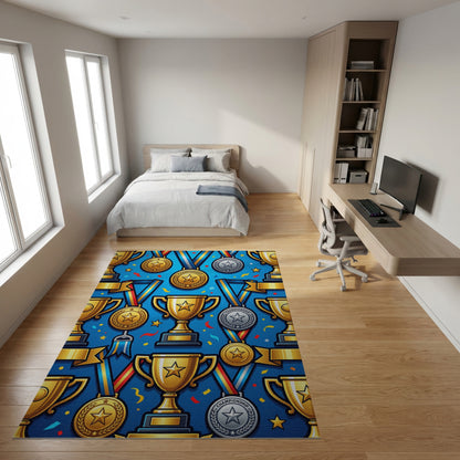 Celebratory Gold Silver Trophies Confetti Rug