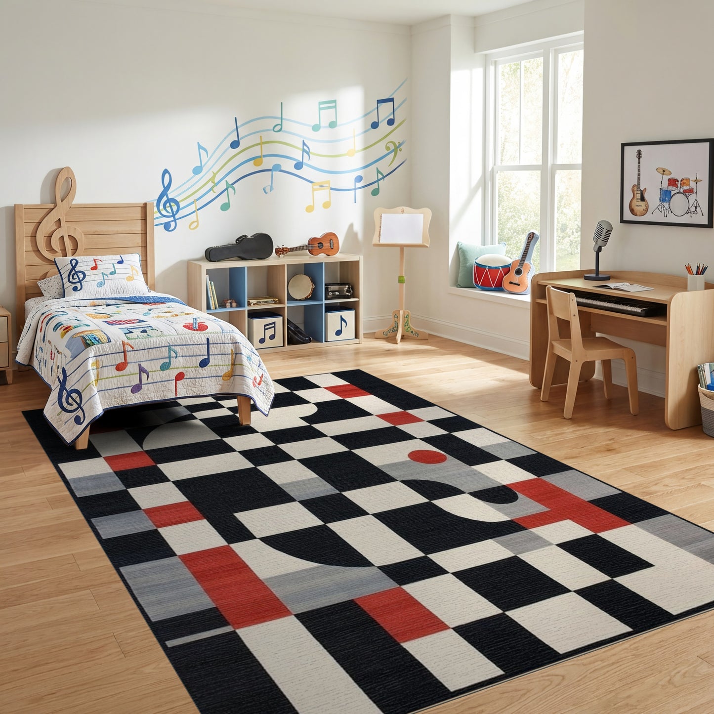 Modern Black White Red Checkerboard Rug