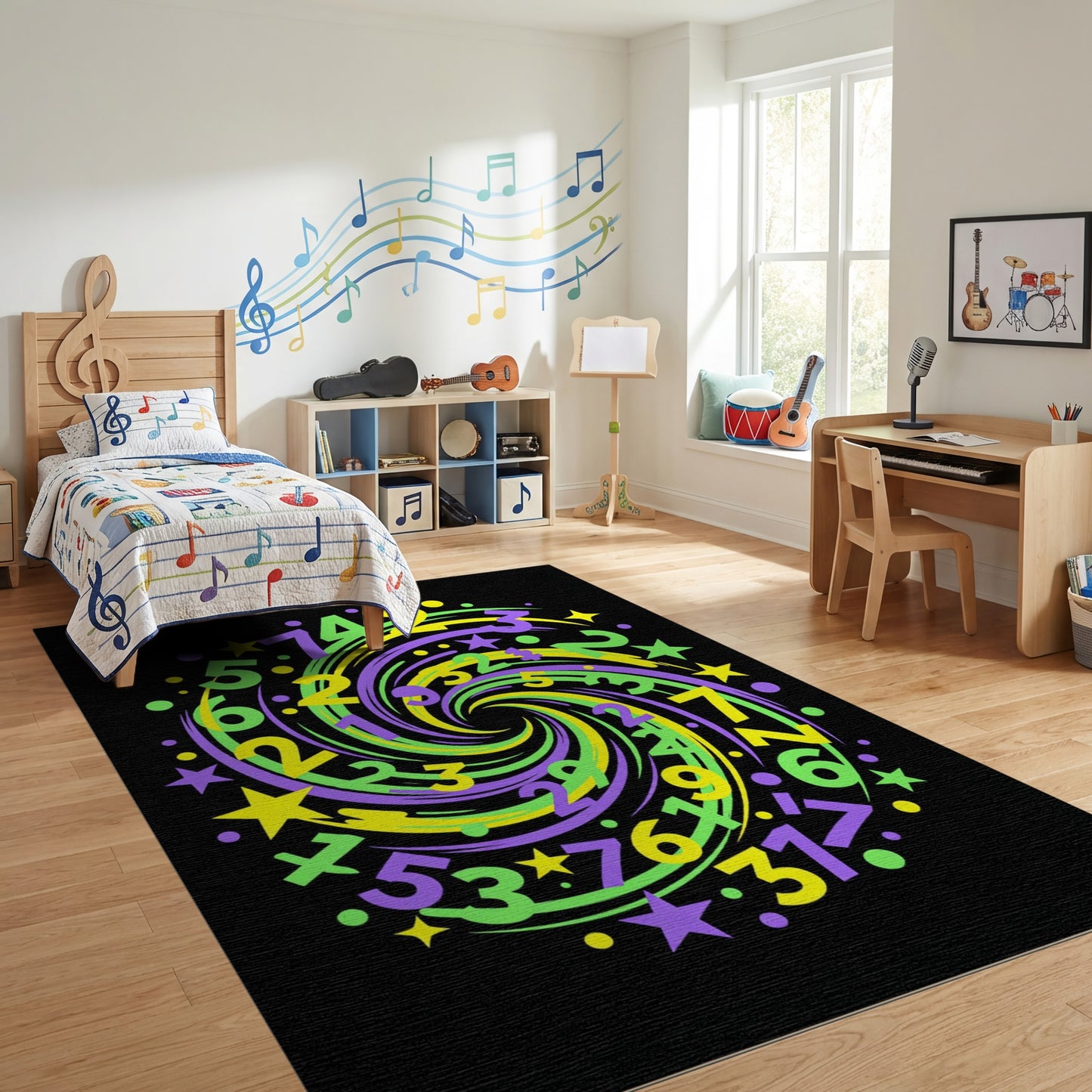 Swirling Purple Green Yellow Numbers Stars Rug
