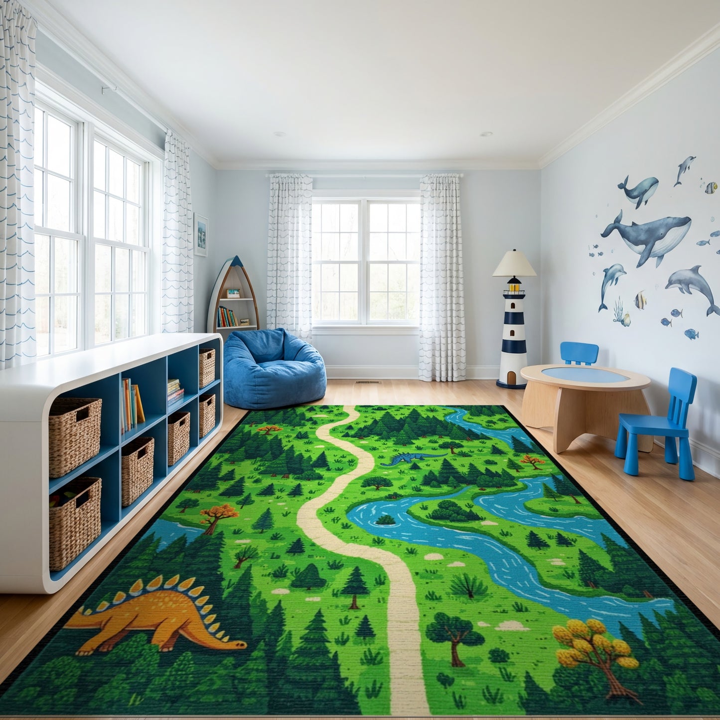 Whimsical Dinosaur Forest Path River Rug