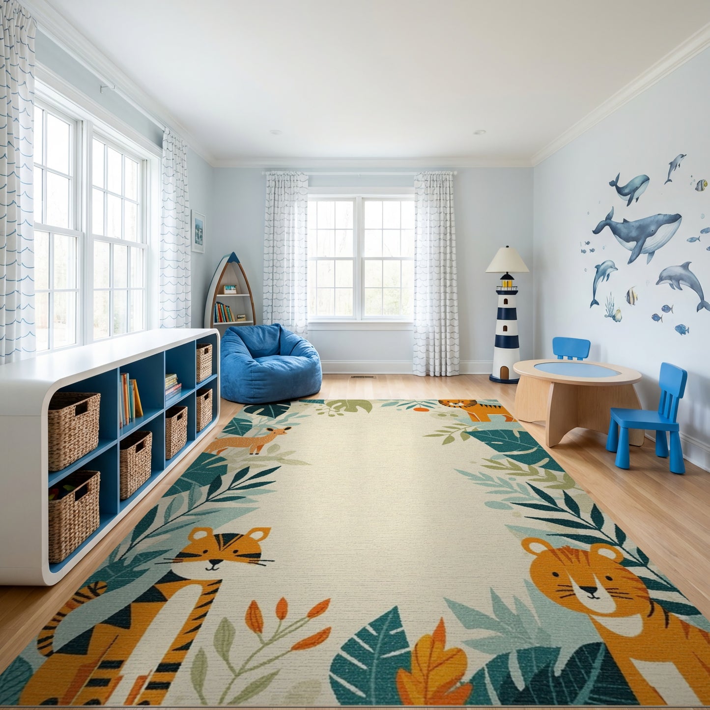 Playful Orange Tigers Deer Leafy Jungle Rug