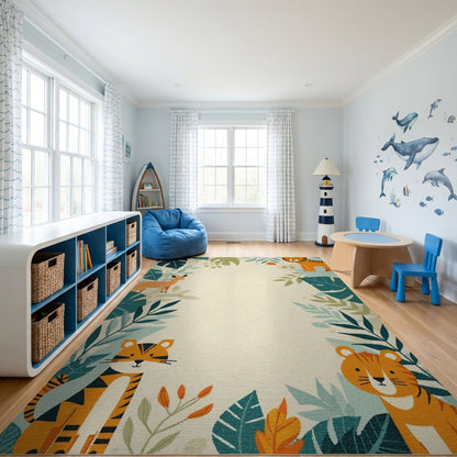 Playful Orange Tigers Deer Leafy Jungle Rug