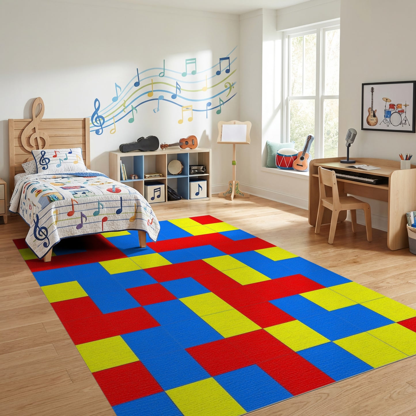 Bold Red Blue Yellow Block Rug