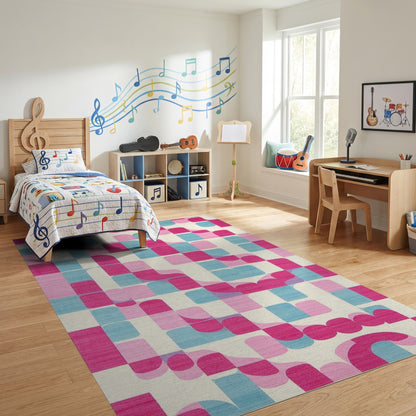 Vibrant Pink Teal Curved Geometric Rug