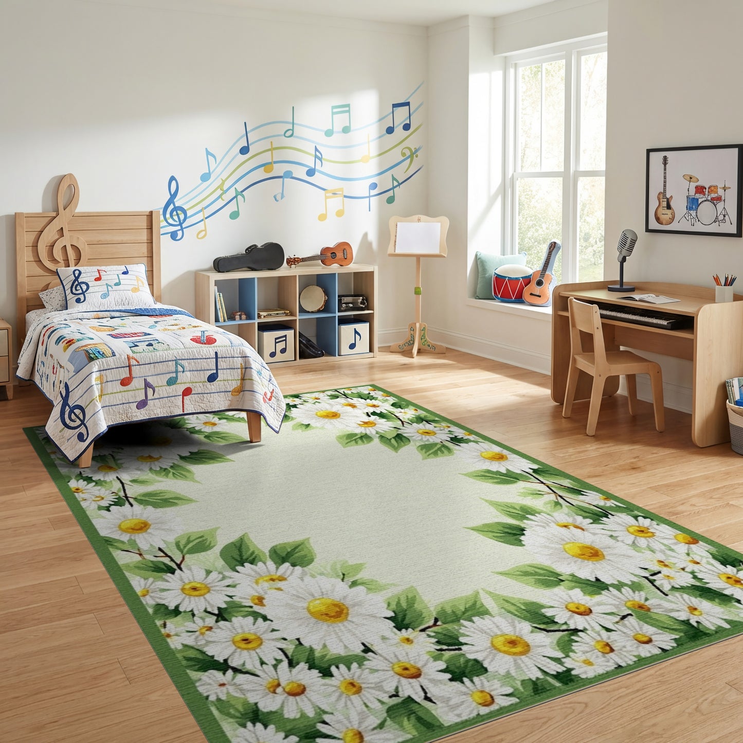 Fresh White Daisies Green Leaf Border Rug