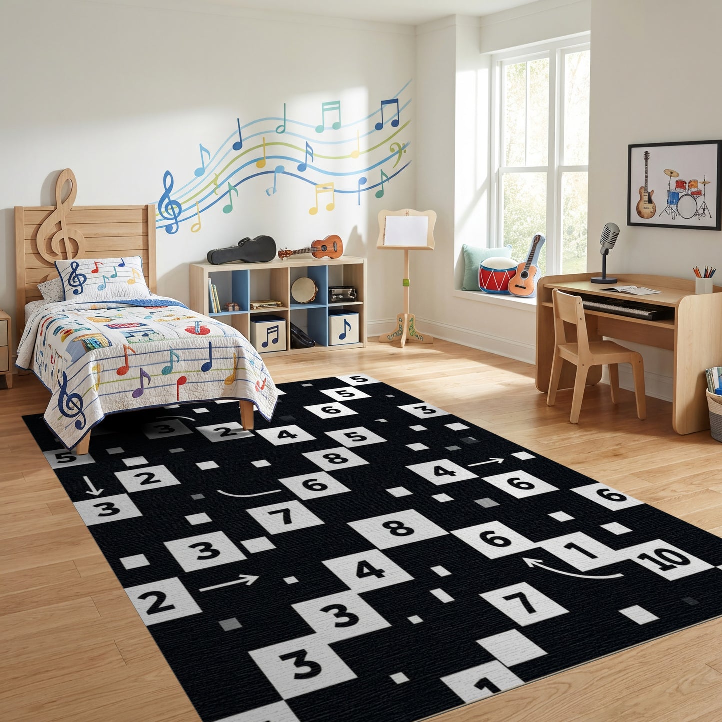 Black White Numeric Arrow Puzzle Rug