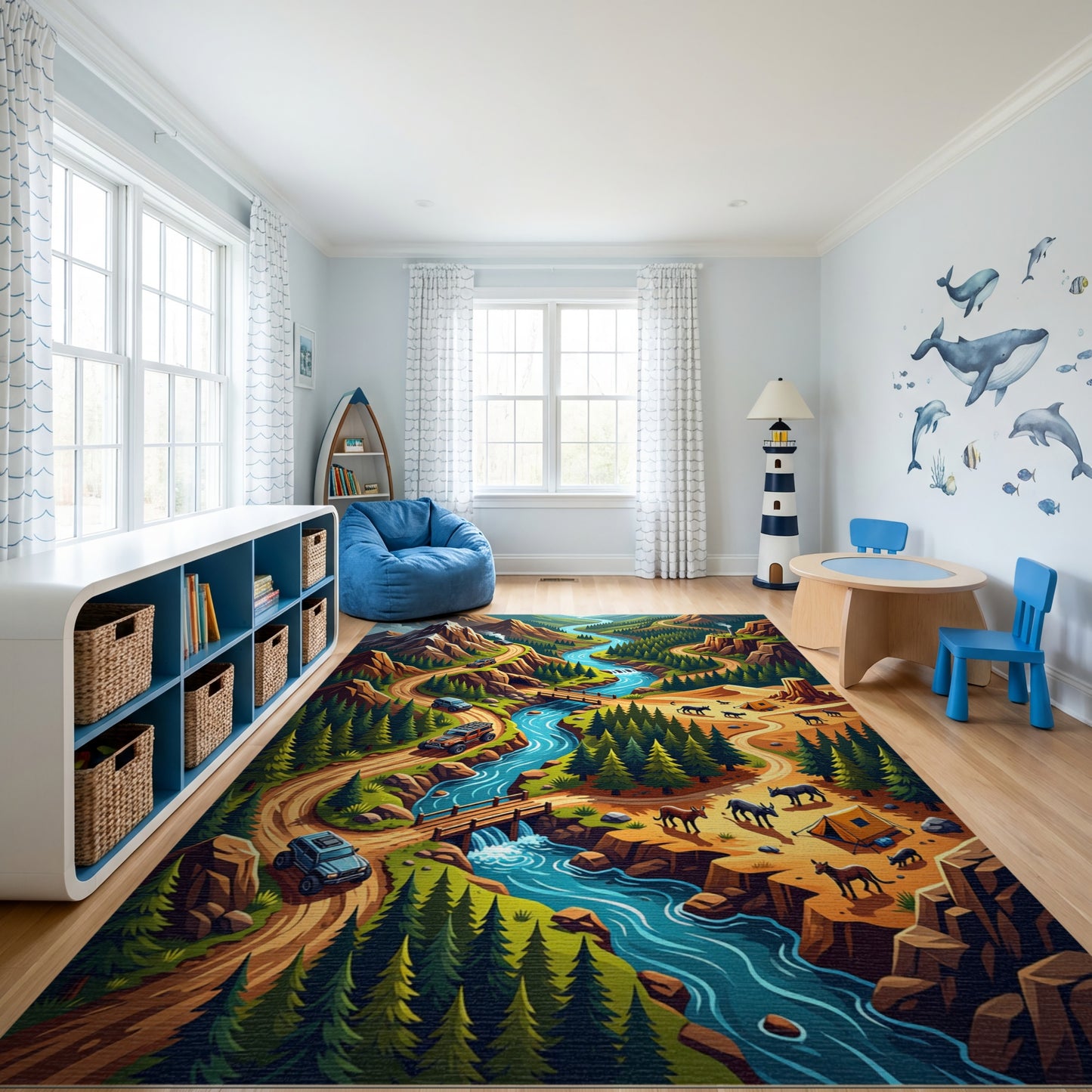Vibrant Winding River Mountain Forest Rug