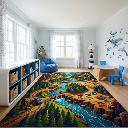 Vibrant Winding River Mountain Forest Rug