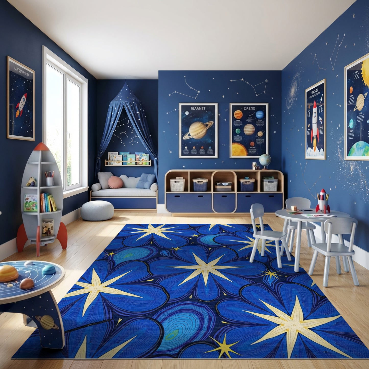 Vibrant Navy Starry Floral Peacock Rug