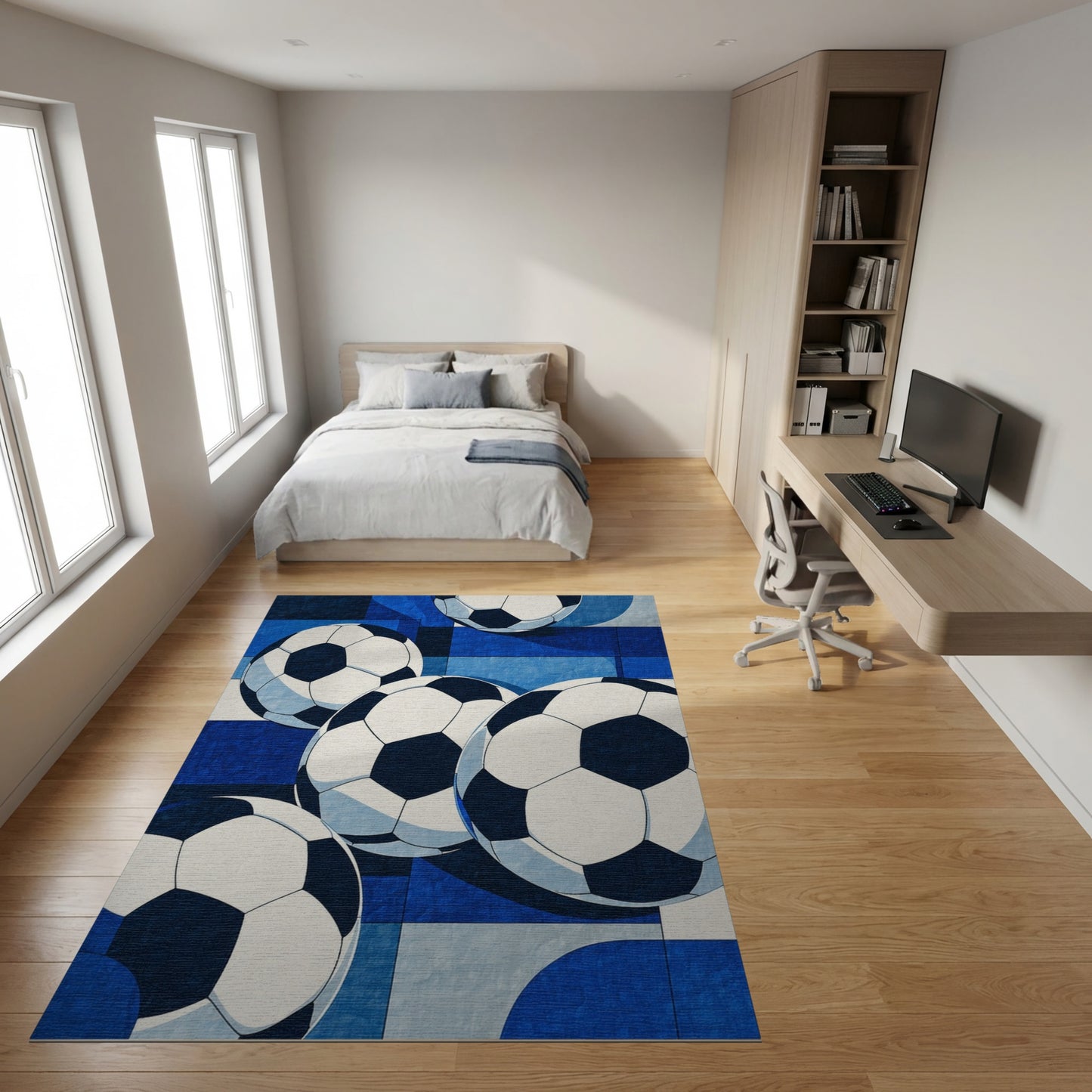 Bold Navy Soccer Balls Rug