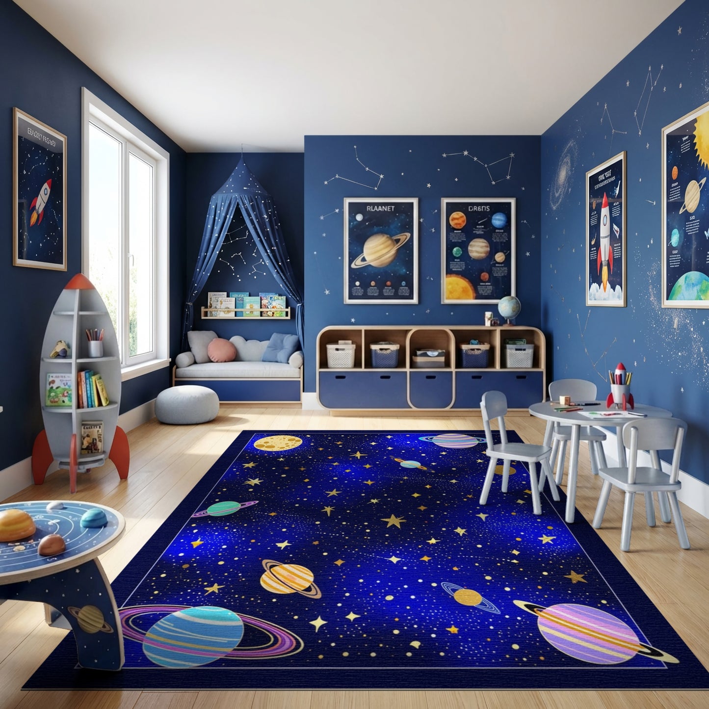 Whimsical Colorful Cosmic Planets Stars Rug