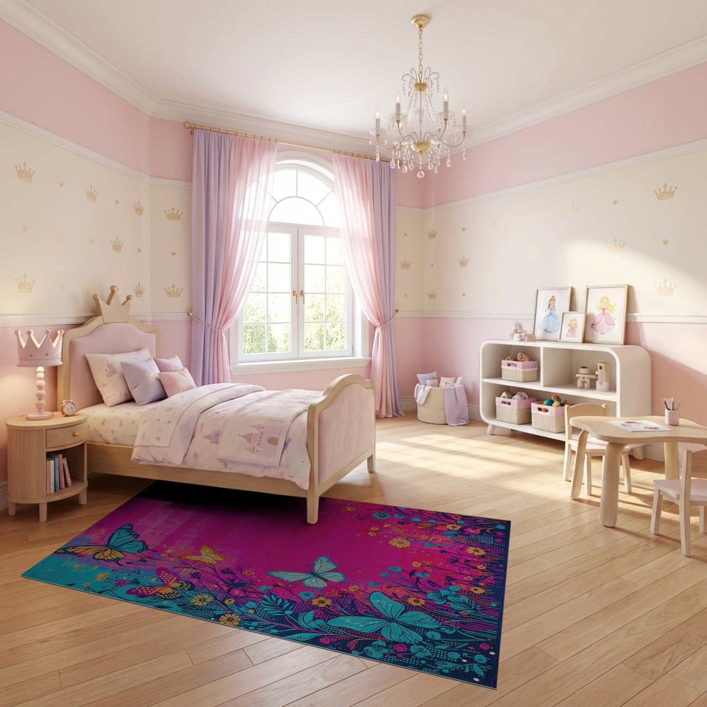 Vibrant Pink Teal Butterfly Floral Rug