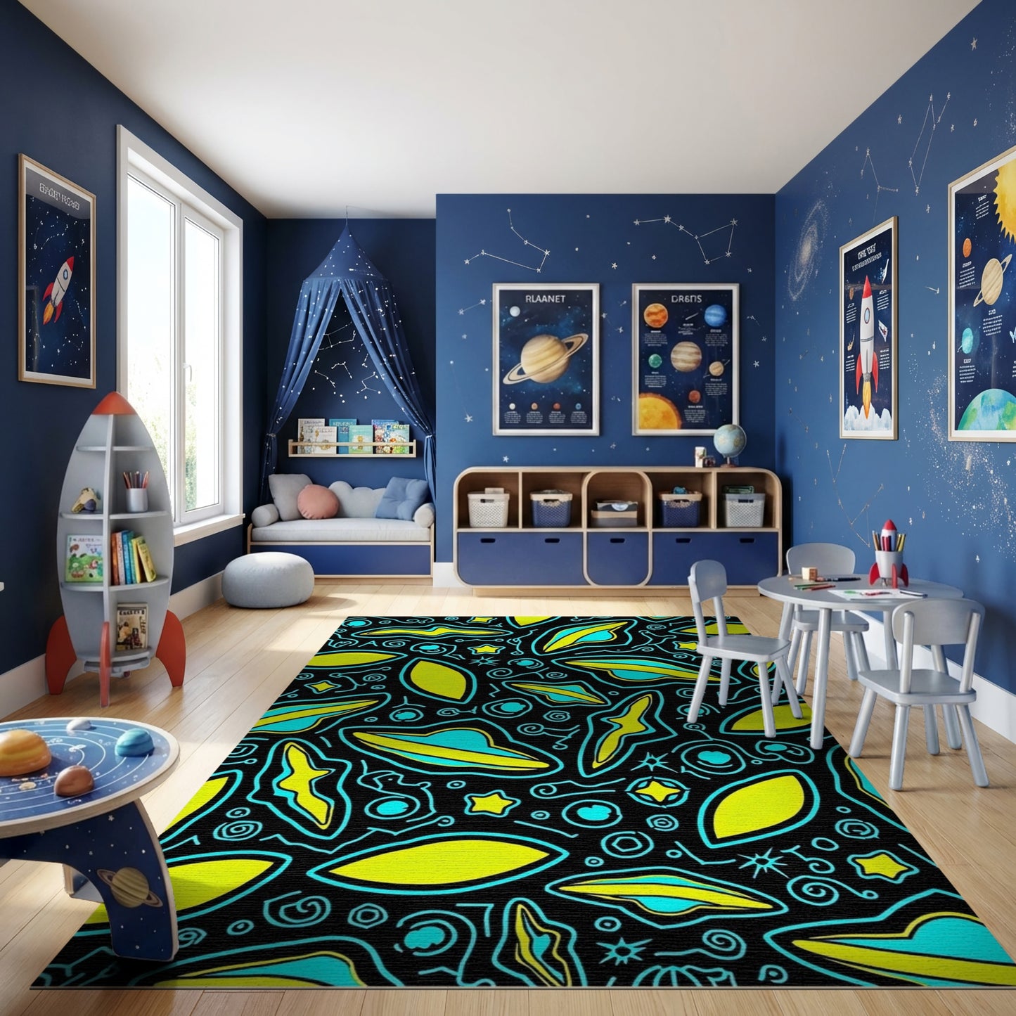 Black Yellow Teal UFO Stars Whimsical Rug