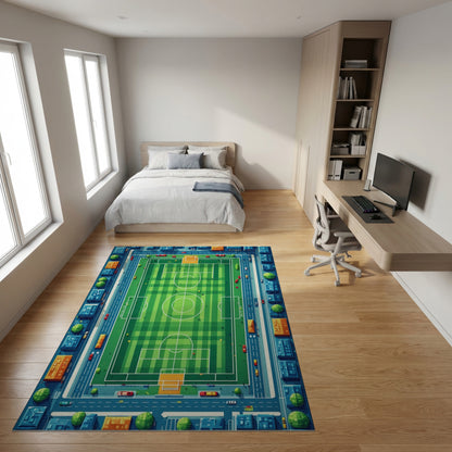 Vibrant Aerial Soccer Field City Rug