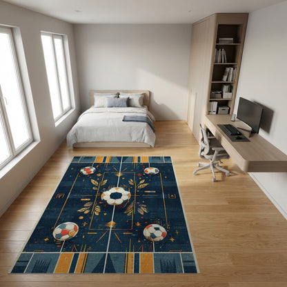 Navy Geometric Soccer Balls Grid Rug