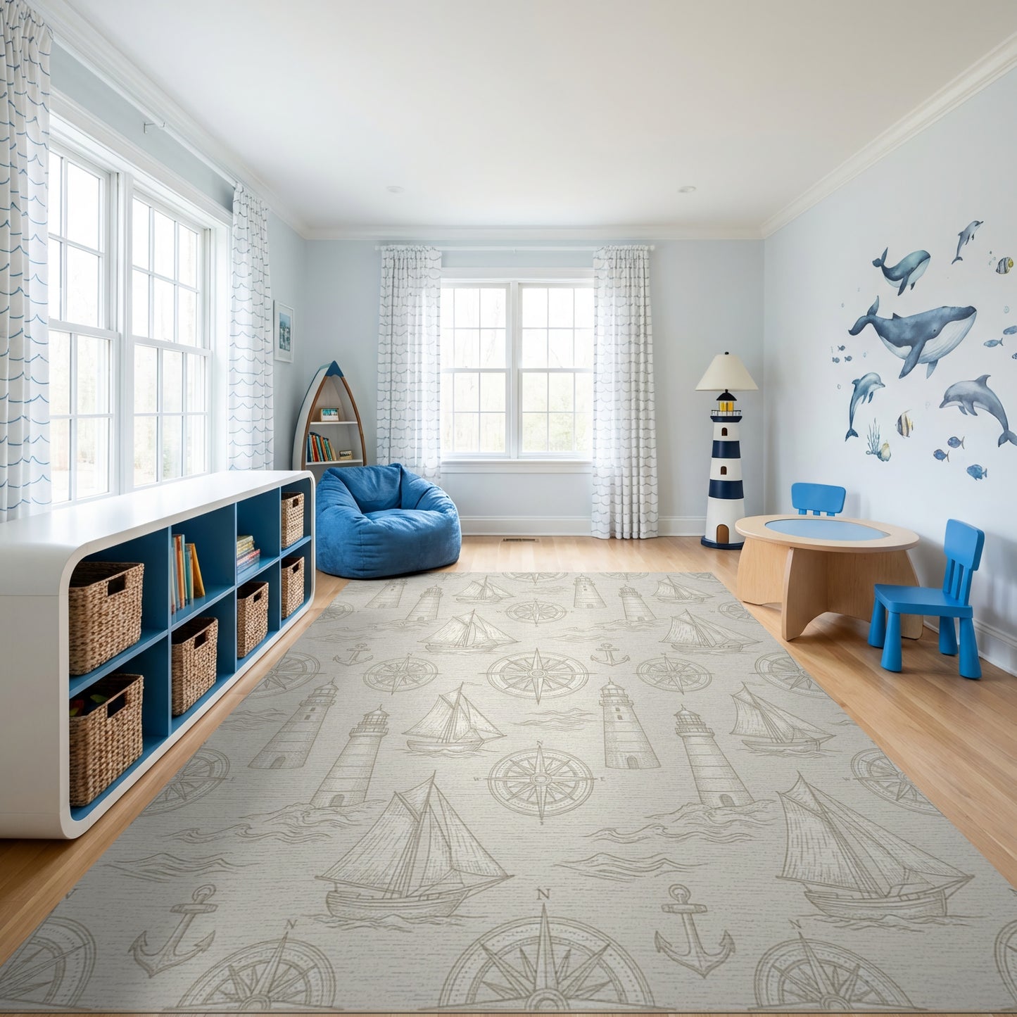 Vintage Nautical Lighthouses Sailboats Compasses Rug