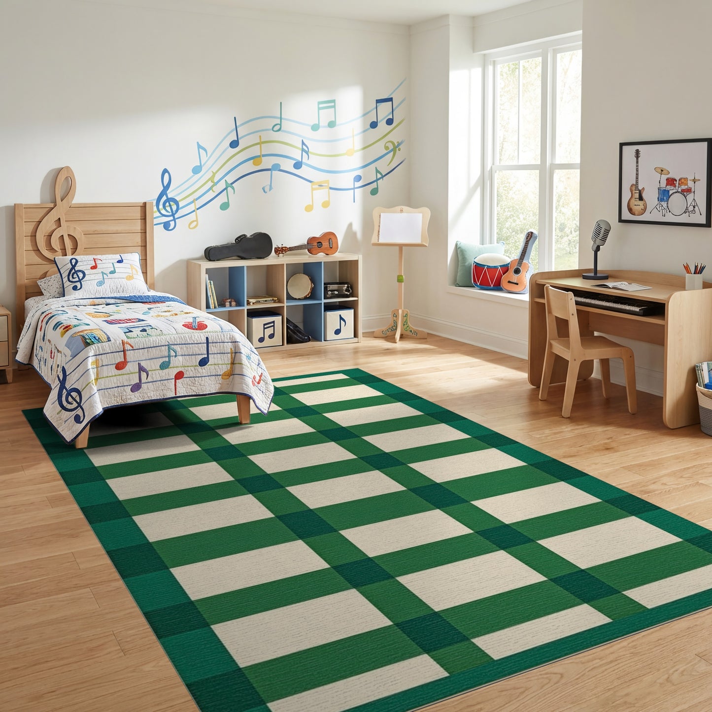 Bold Green White Plaid Check Rug