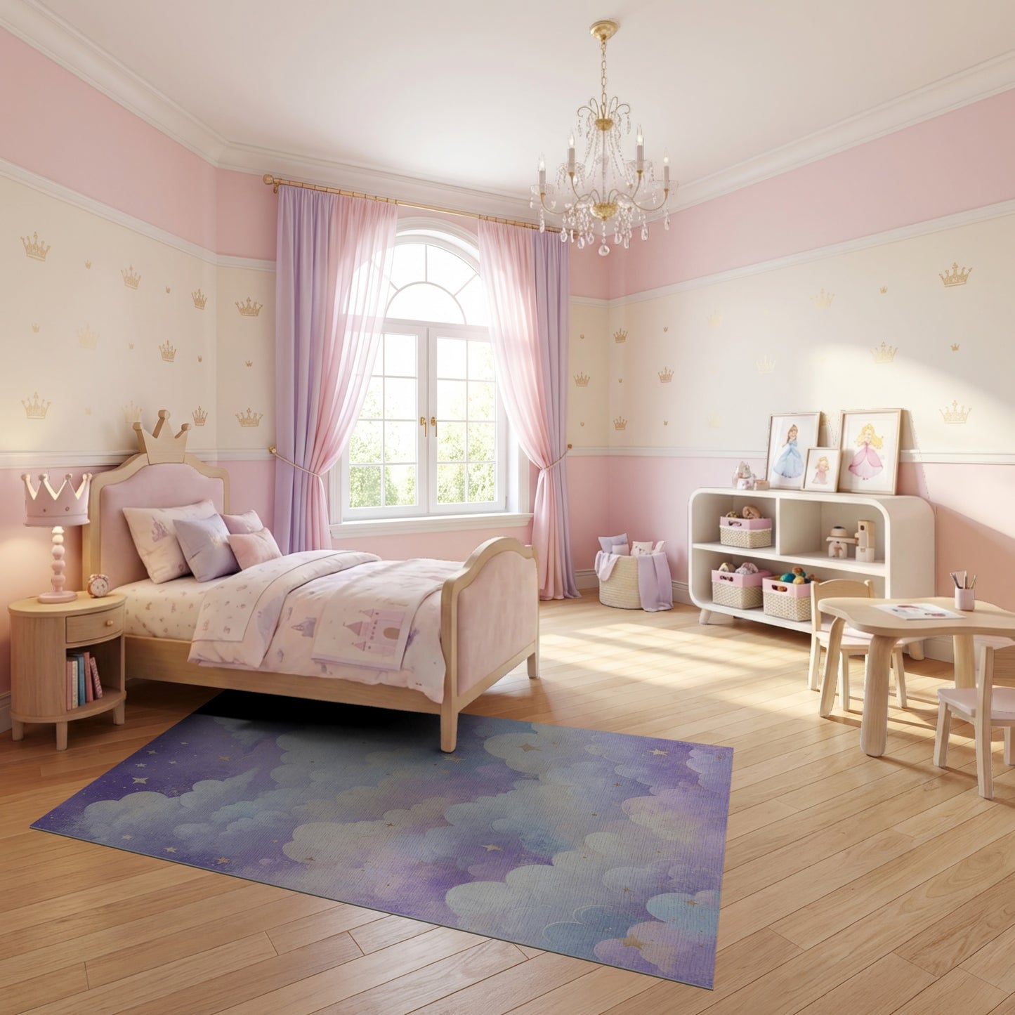 Dreamy Purple Clouds Golden Stars Rug