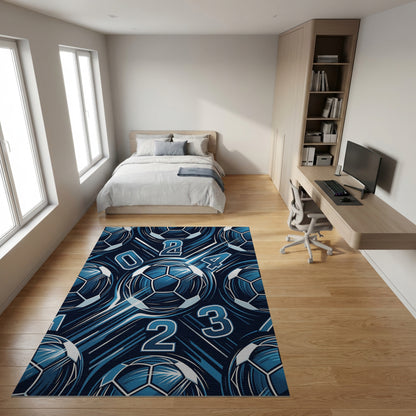 Bold Navy Soccer Balls Numbers Rug