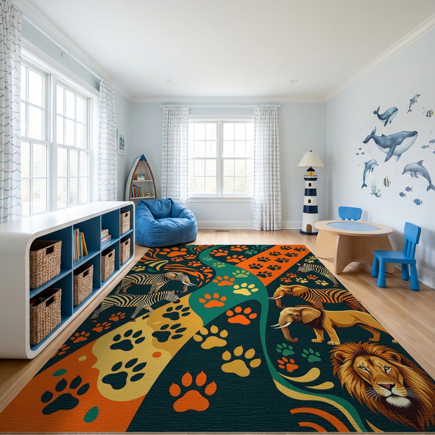 Vibrant Paw Prints Zebras Elephants Lion Rug