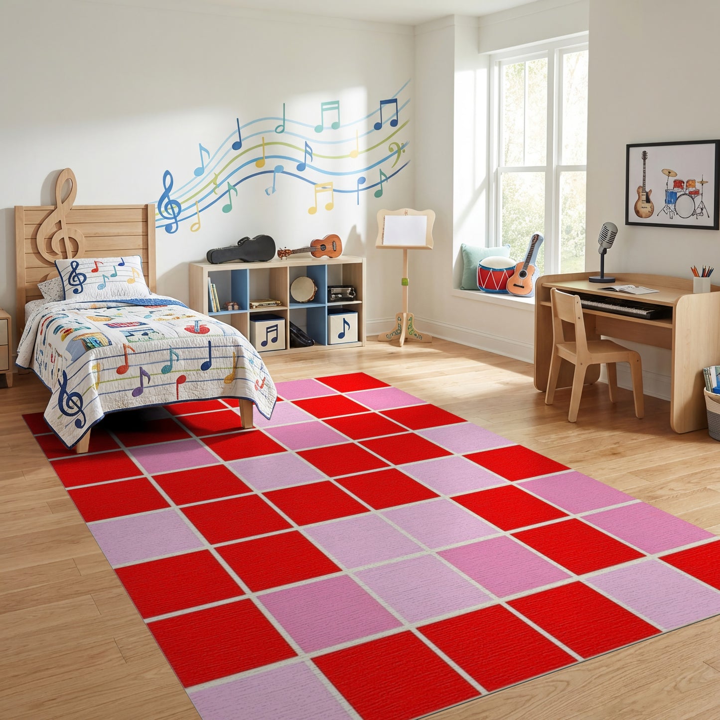 Bold Pixelated Pink Heart Red Rug