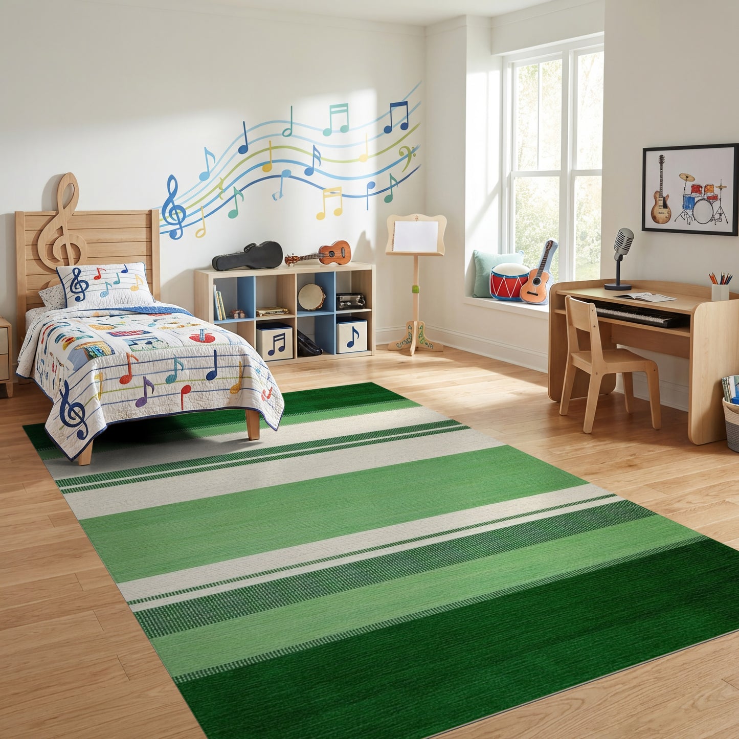 Vibrant Green and Cream Striped Rug