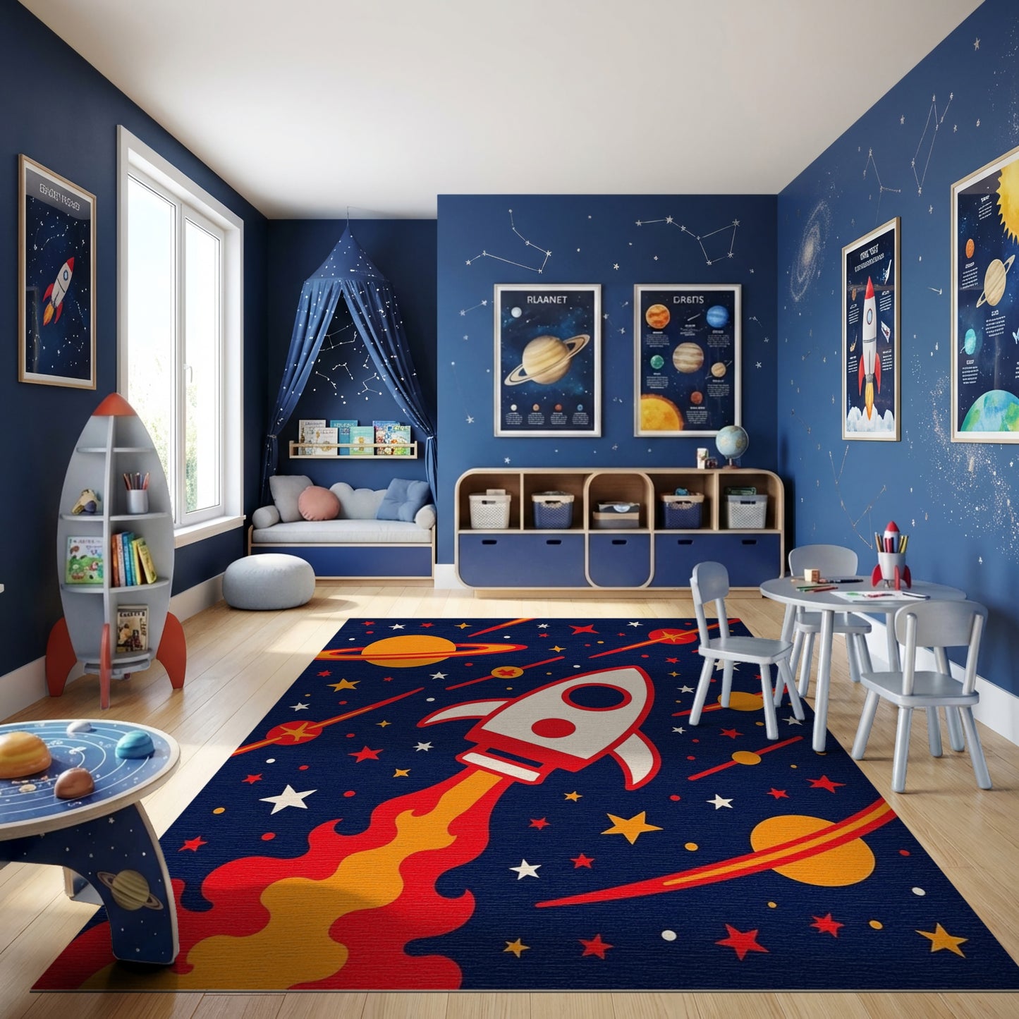 Whimsical Cosmic Rocket Stars Rug