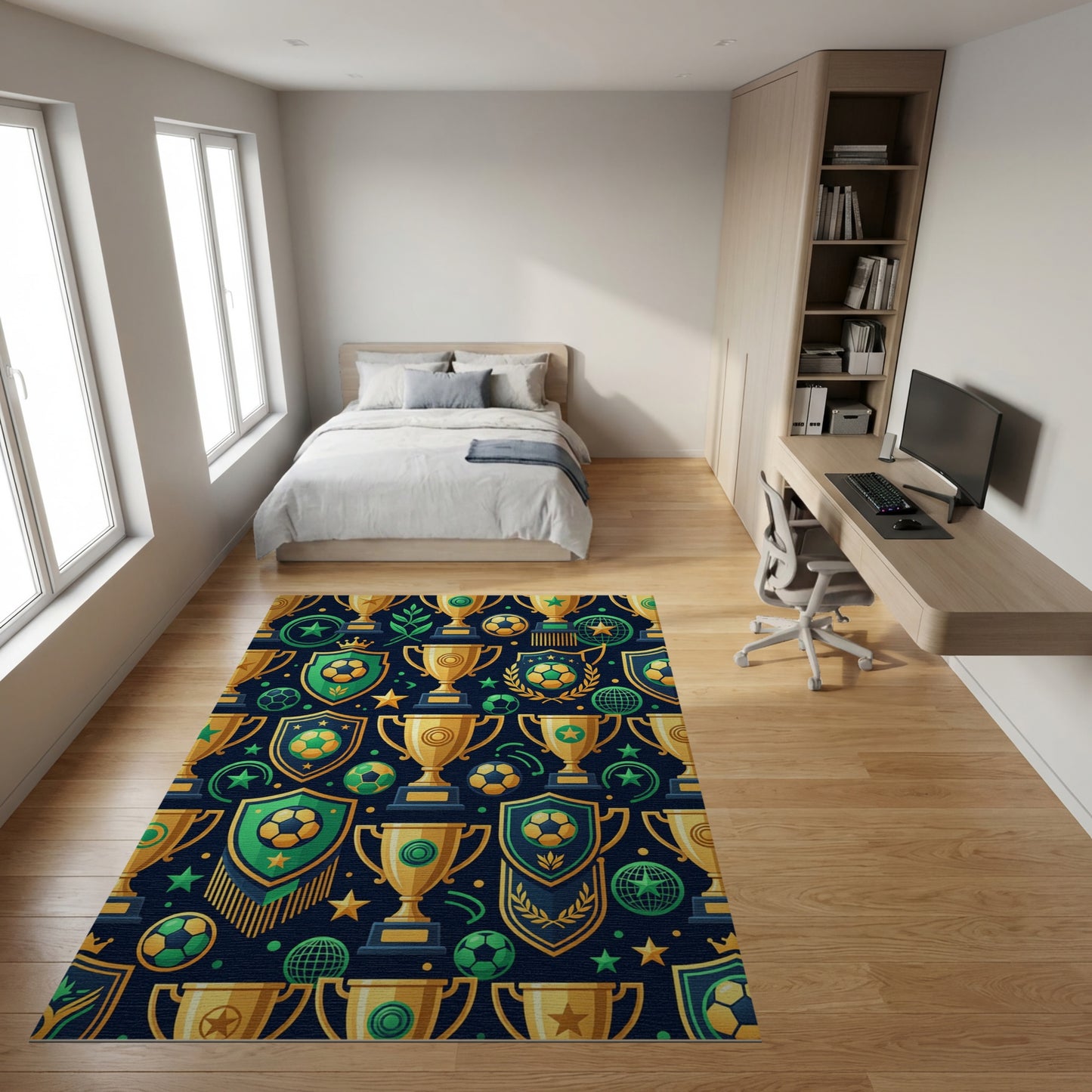 Vibrant Golden Soccer Victory Trophies Rug