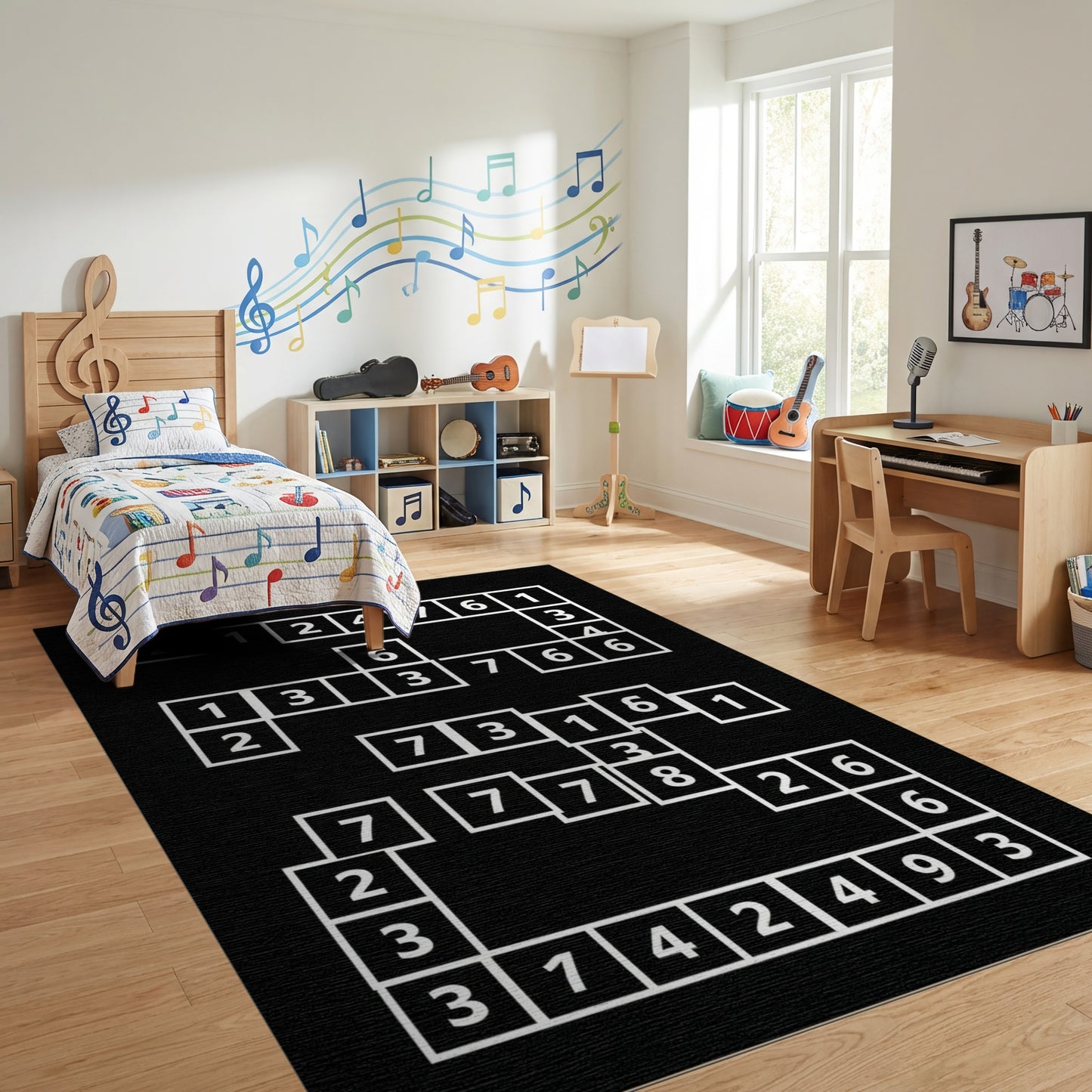 Modern Black White Numeric Grid Rug