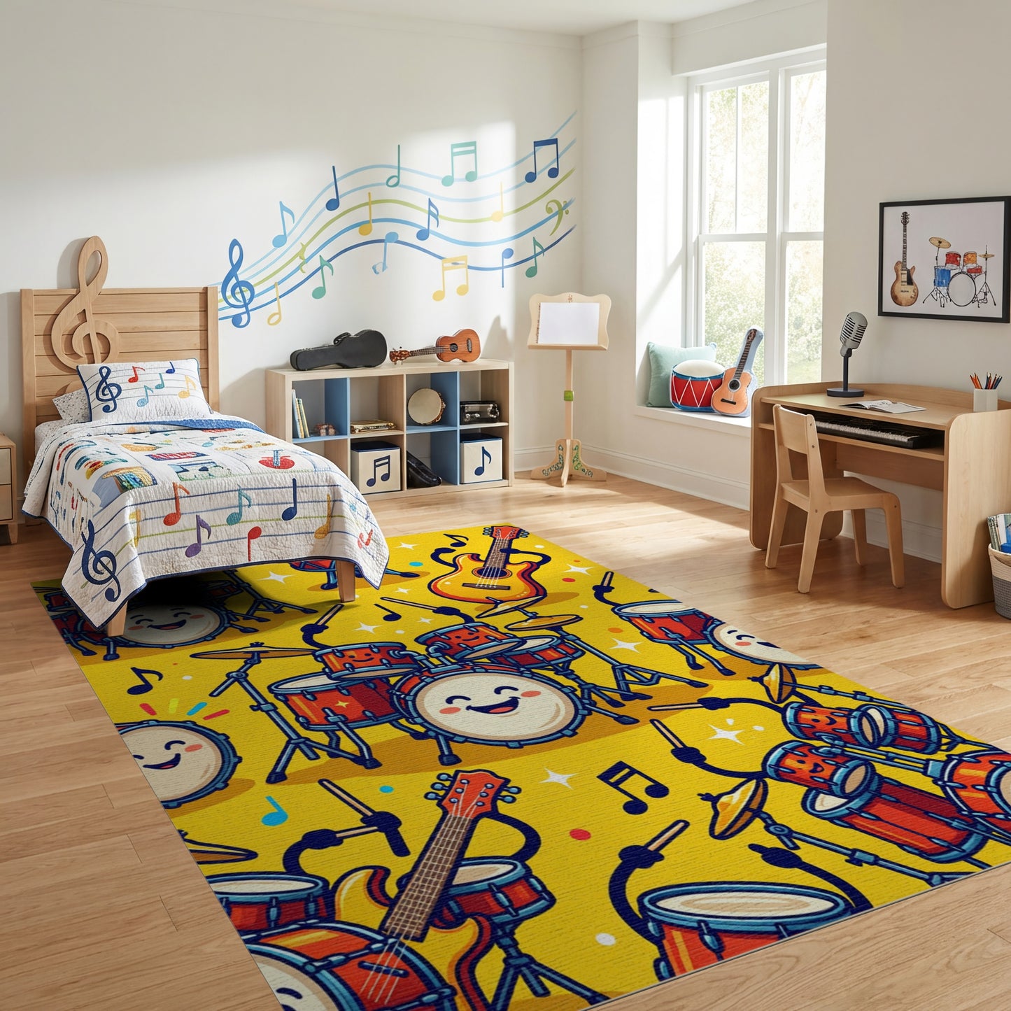 Playful Smiling Drums Guitars Notes Rug