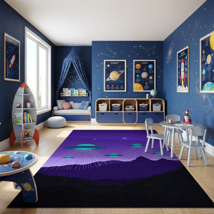 Neon Glowing UFOs Purple Mountains Rug
